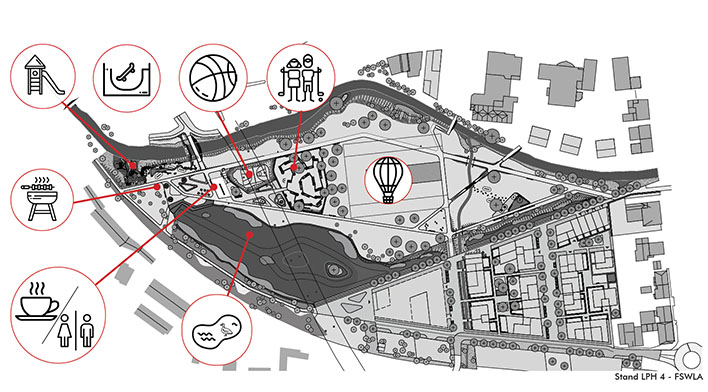 Die bersicht zeigt, wo welche Anziehungspunkte des neuen Wiehlparks liegen werden. Grafik: Molestina Architekten
