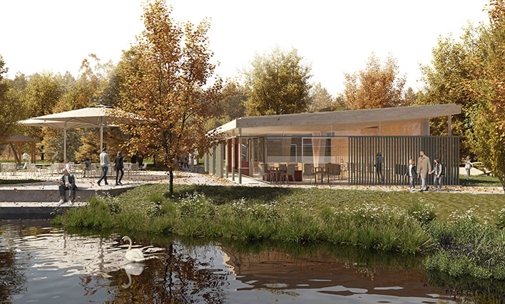 Zentrale Anlaufstelle im neuen Wiehlpark: das Seecaf. Visualisierung: Molestina Architekten