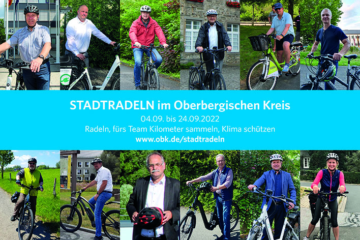 Bürgermeisterin und Bürgermeister im Oberbergischen laden dazu ein, beim Stadtradeln mitzumachen. Collage: OBK